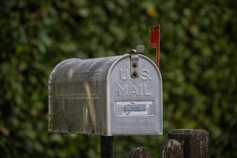 A traditional U.S. mailbox with red flag against a lush green blurred background.