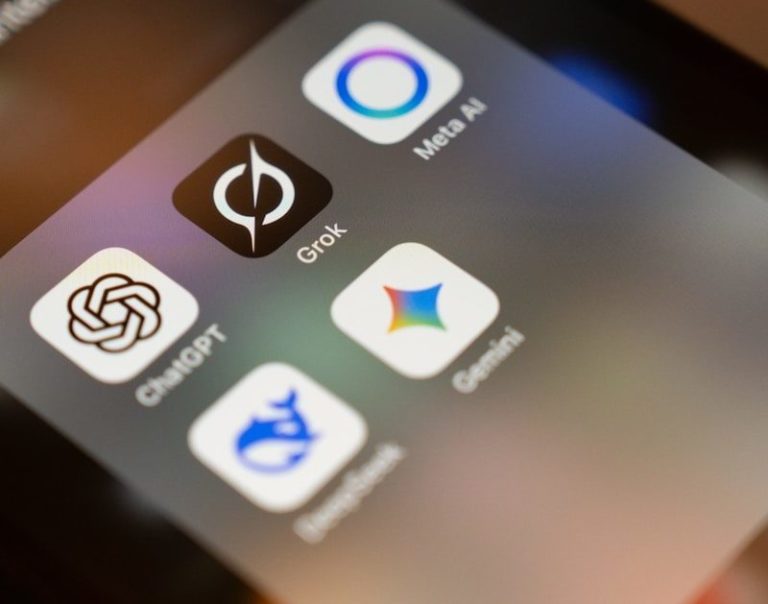 Smartphone screen displays ai app icons: chatgpt, grok, meta ai, gemini.